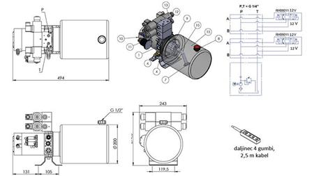 AGREGAT HIDRAULIC MINI 12V DC - 1.6kW = 2.1cc - 8 lit - asamblare bidirecțională 2x (metal)