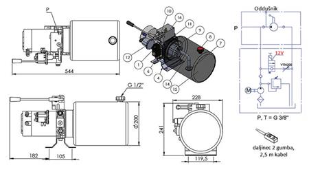 AGREGAT HIDRAULIC MINI 12V DC - 1.6kW = 2.1cc - 8 lit - asamblare în direcție unică CU POMPĂ MANUALĂ